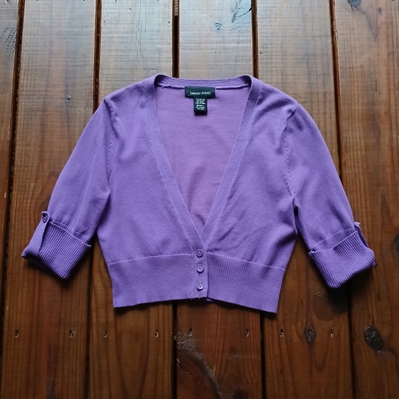 Vintage 90's Y2K size S purple button v-neck cropped knit sweater cardigan shrug - Picture 1 of 5